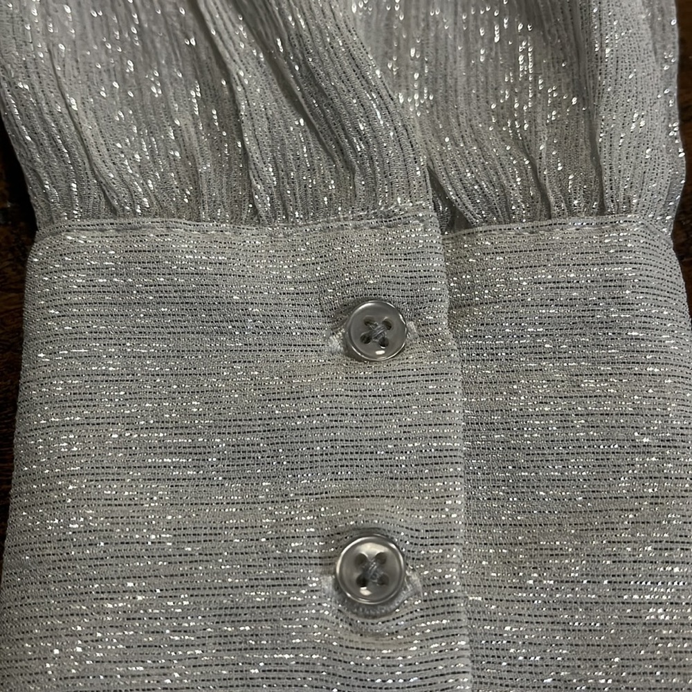7 For All Mankind Silk Metallic V-Neck Peplum Blouse Women’s Size XS - Picture 9 of 12